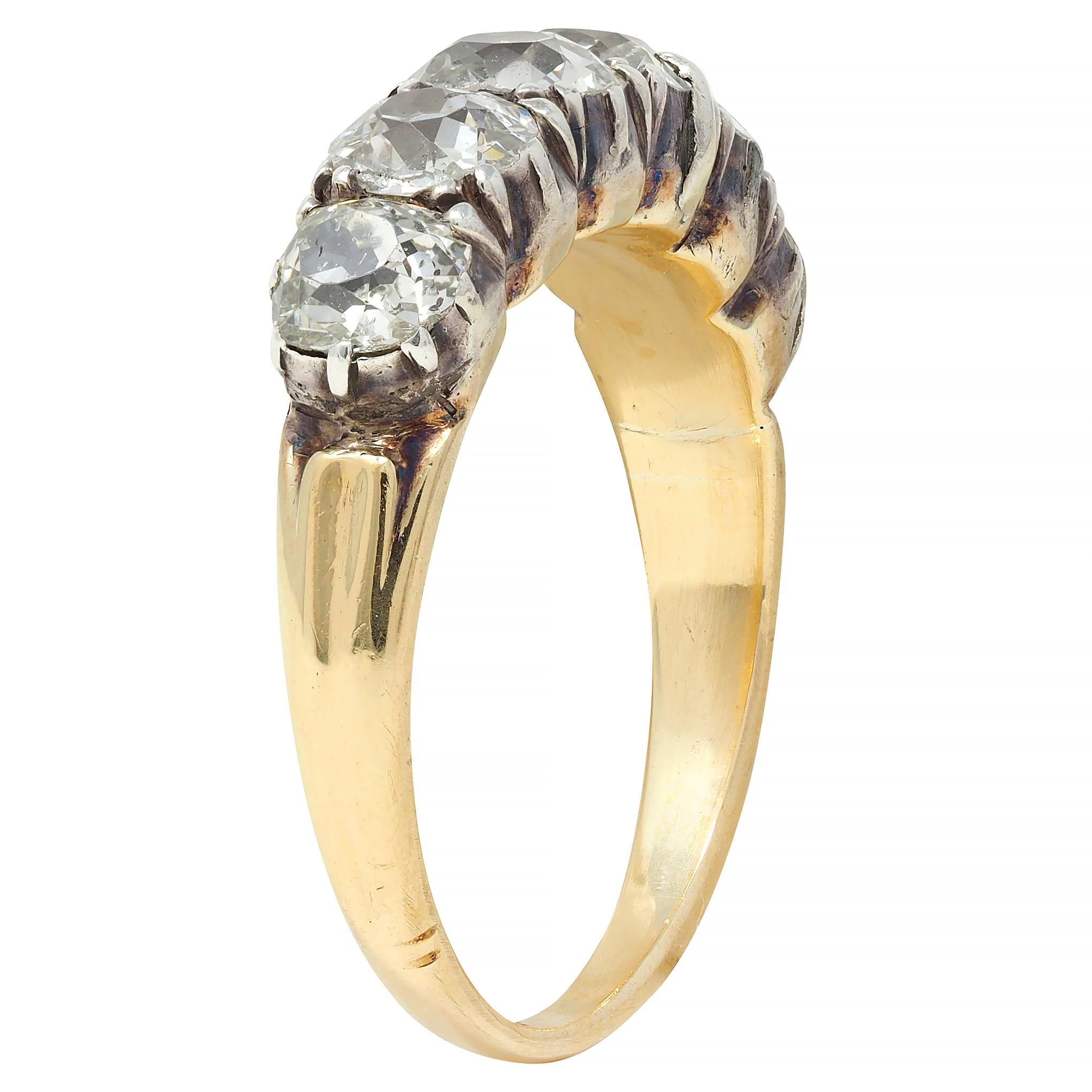 Victorian 1.45 CTW Old Mine Diamond Silver 14 Karat Gold Antique Band Ring