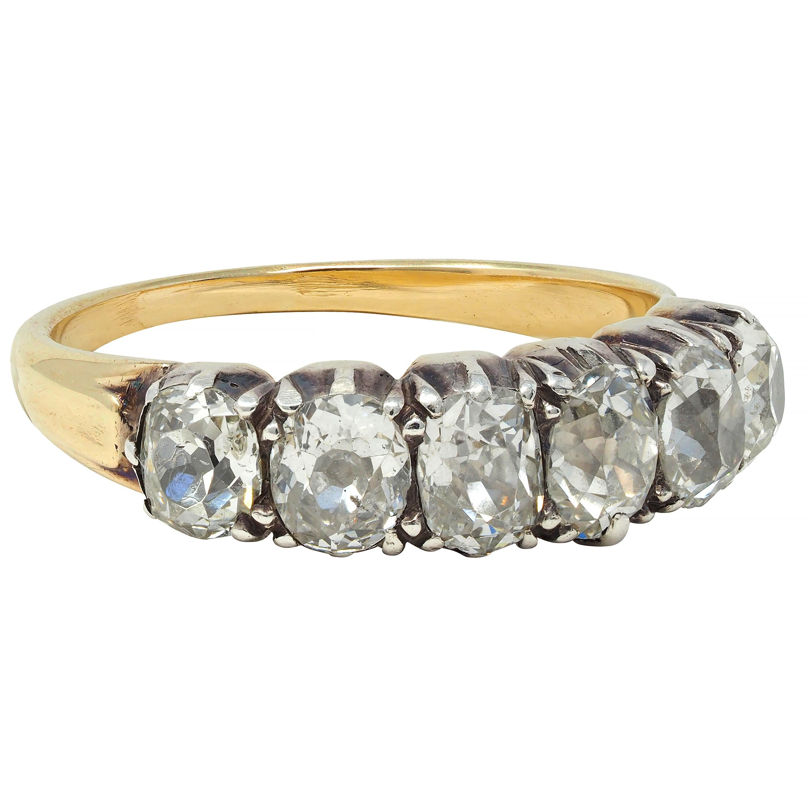 Victorian 1.45 CTW Old Mine Diamond Silver 14 Karat Gold Antique Band Ring