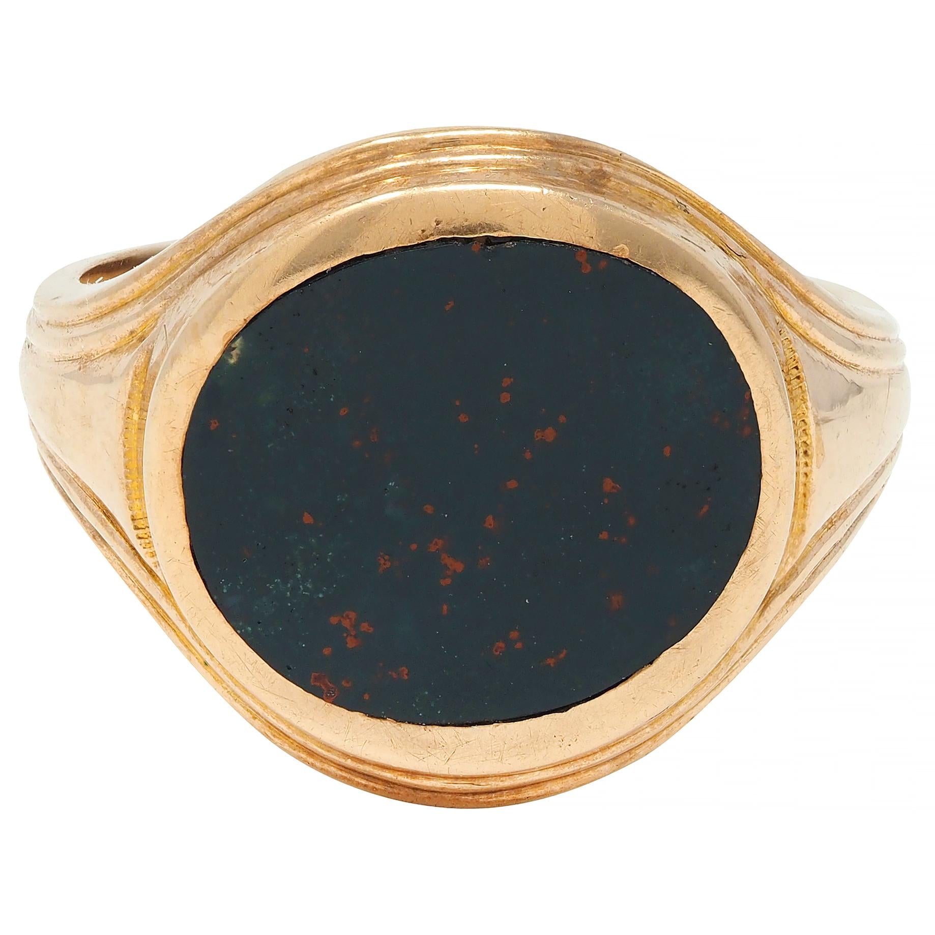 Allsop Bros. Early Art Deco Bloodstone 14 Karat Yellow Gold Antique Signet Ring