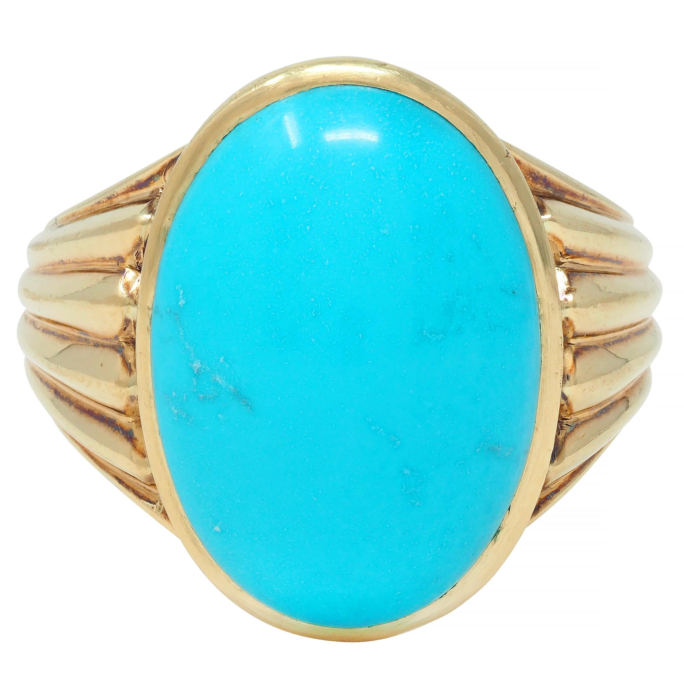 Retro Jones Woodland Turquoise 14 Karat Yellow Gold Fanning Vintage Signet Ring
