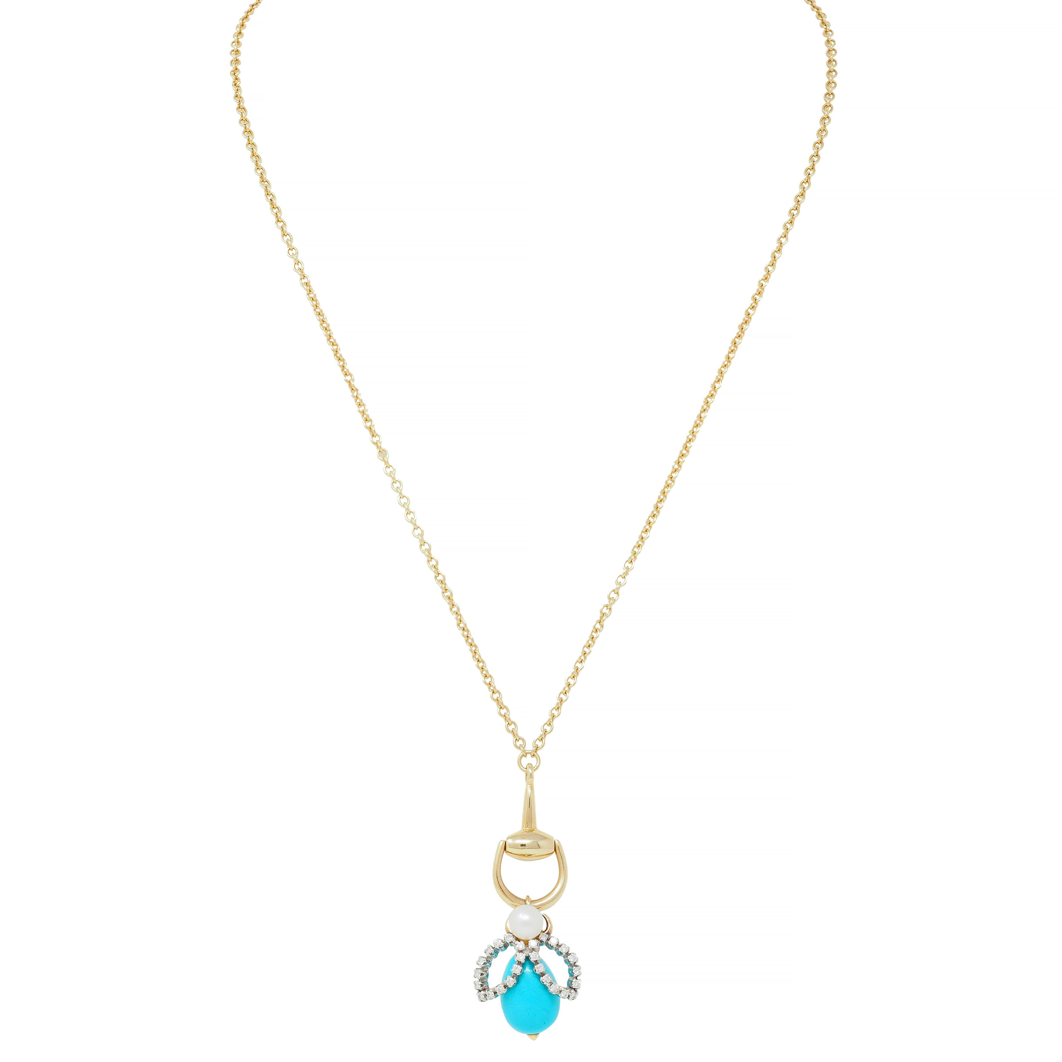 Gucci Turquoise Pearl Diamond Platinum 18K Gold Horsebit Bee Pendant Necklace
