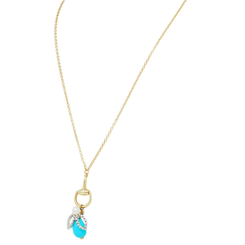 Gucci Turquoise Pearl Diamond Platinum 18K Gold Horsebit Bee Pendant Necklace
