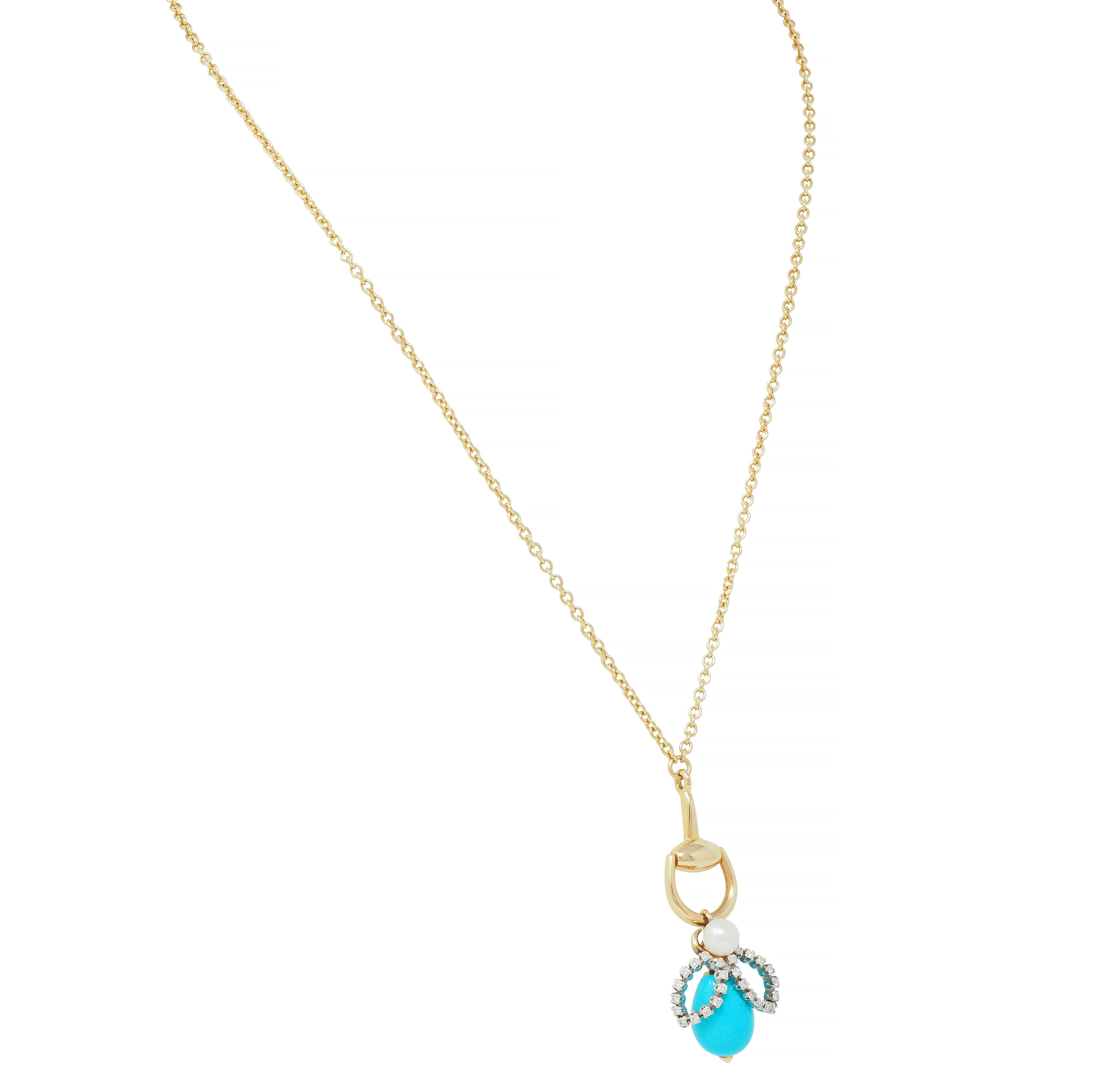 Gucci Turquoise Pearl Diamond Platinum 18K Gold Horsebit Bee Pendant Necklace