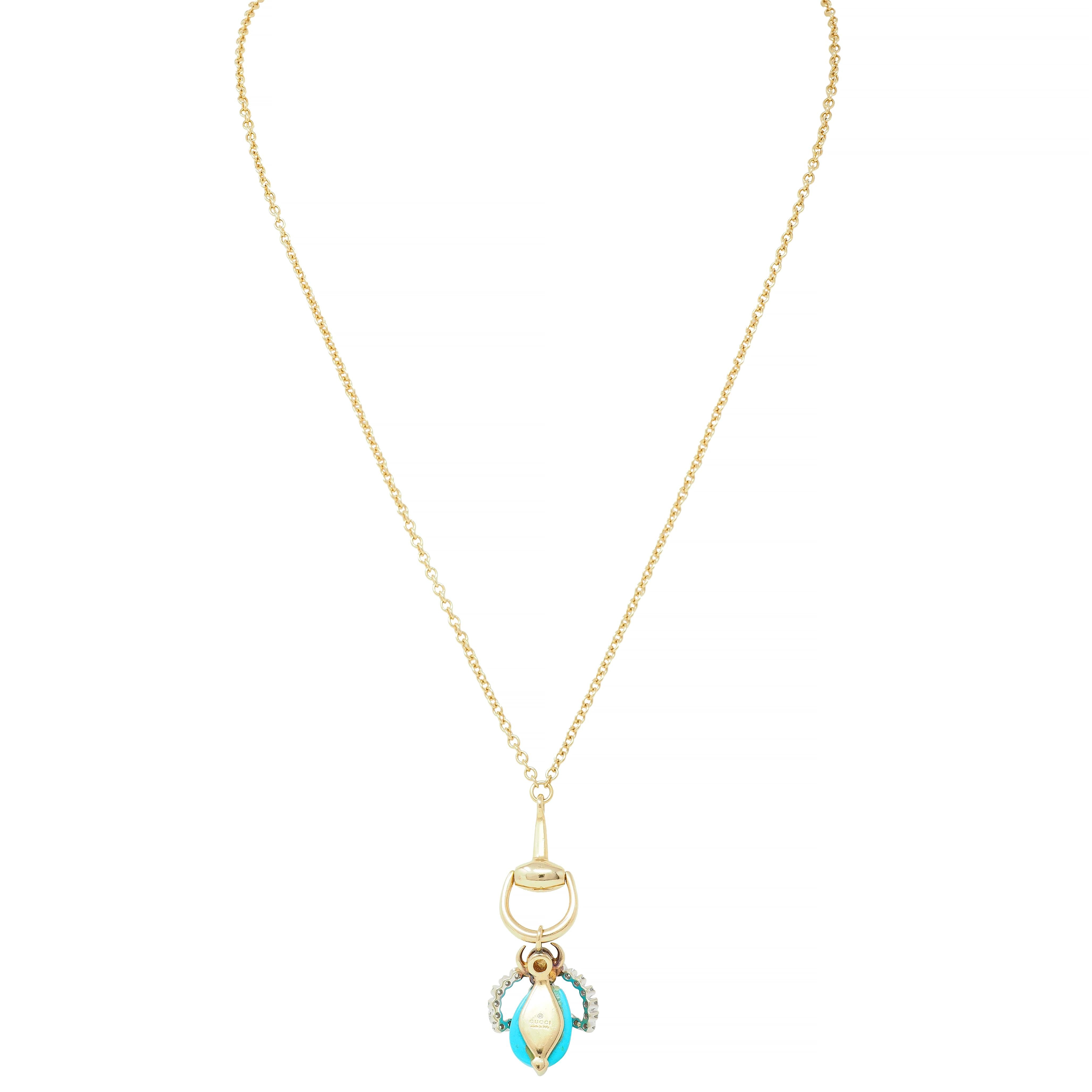Gucci Turquoise Pearl Diamond Platinum 18K Gold Horsebit Bee Pendant Necklace