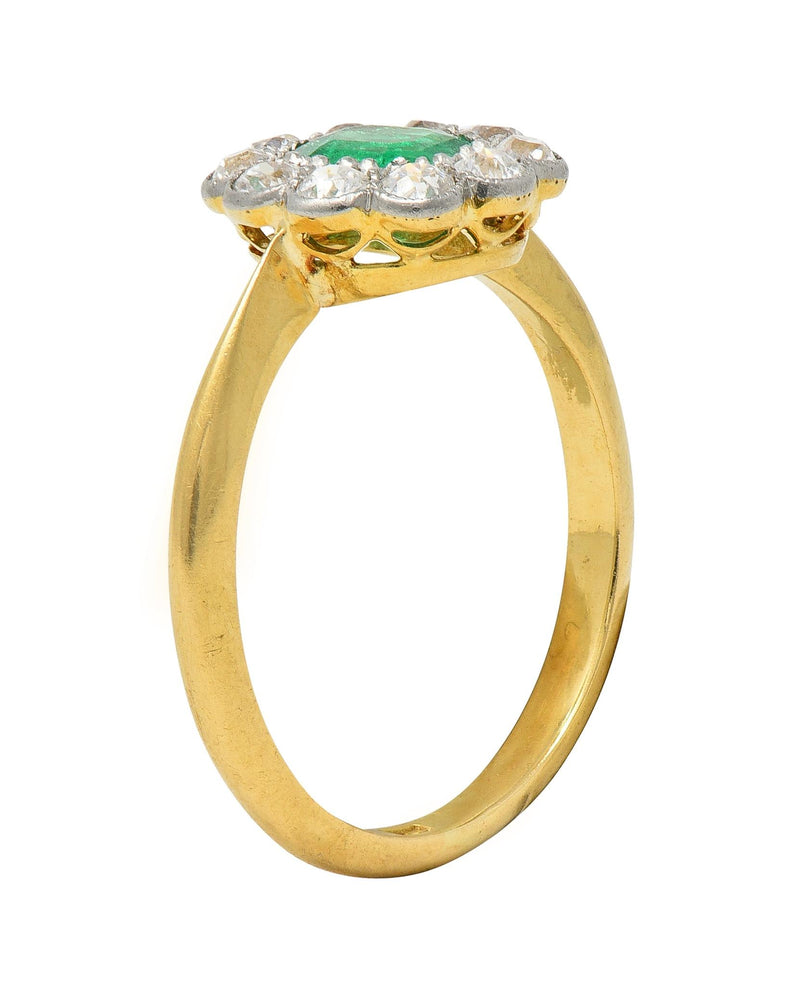Edwardian Emerald Diamond Platinum 18 Karat Yellow Gold Antique Halo Ring