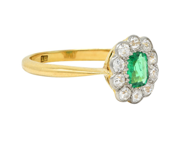 Edwardian Emerald Diamond Platinum 18 Karat Yellow Gold Antique Halo Ring