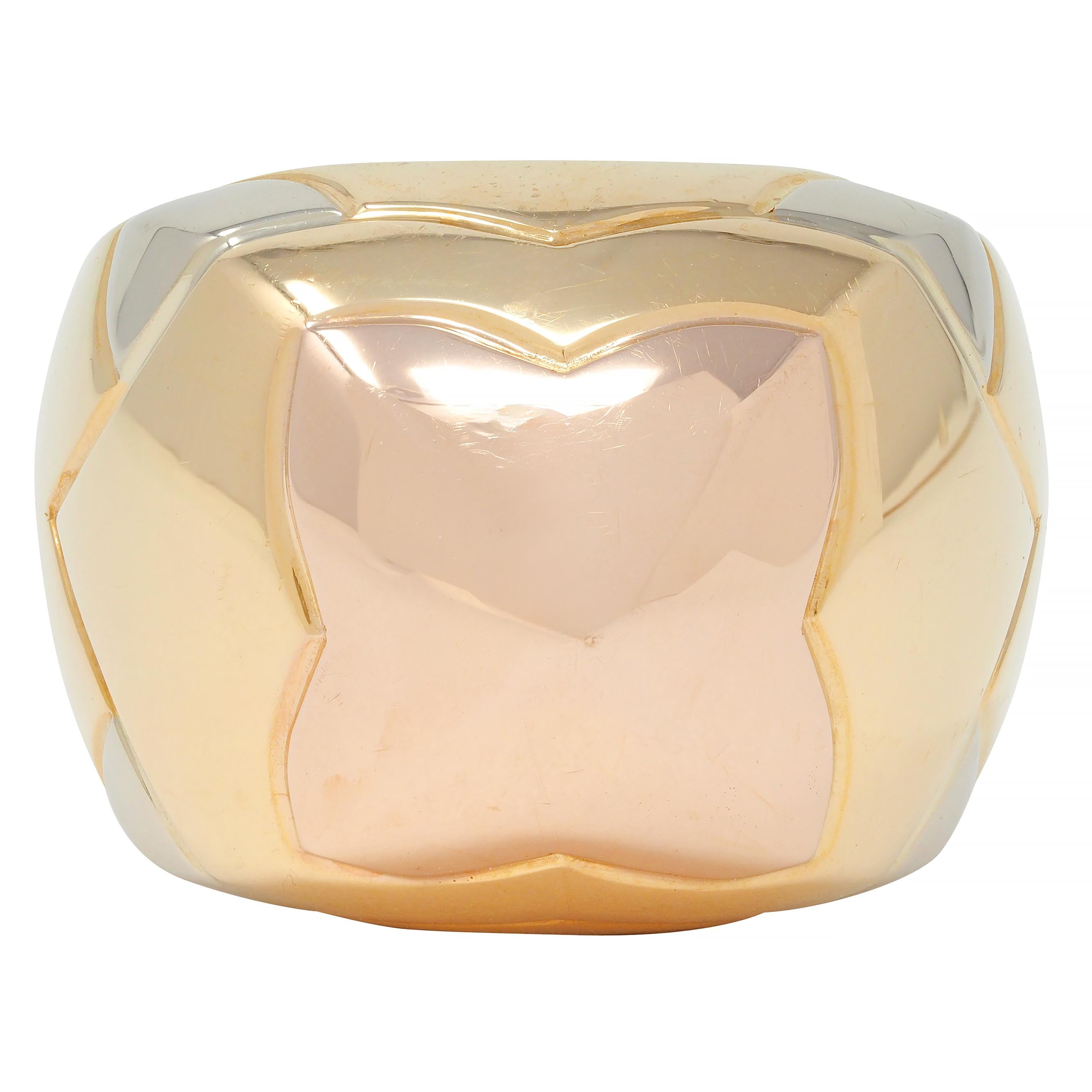 Bulgari French 18 Karat Tri Rose Yellow White Gold Pyramid Quatrefoil Dome Ring