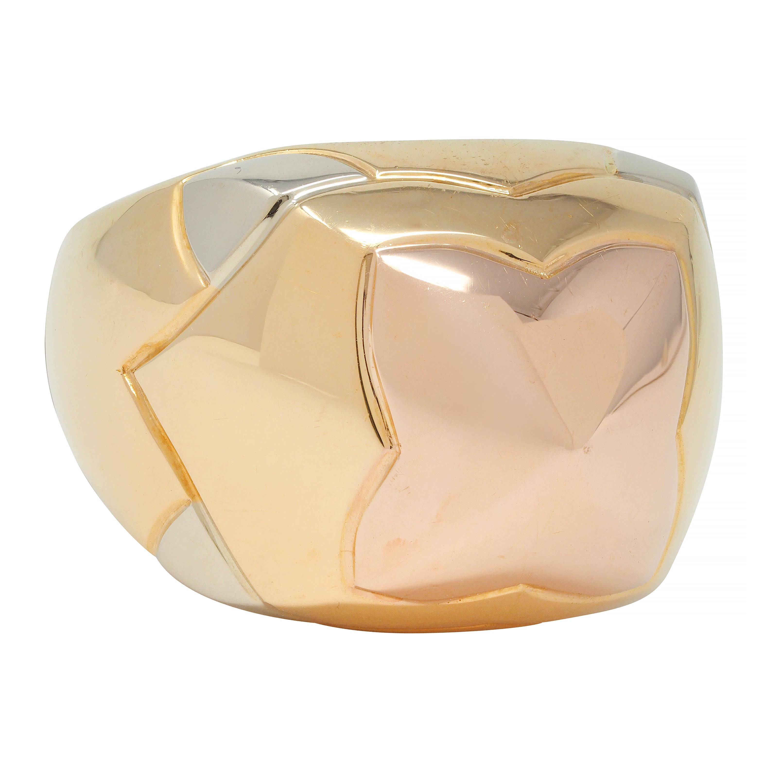 Bulgari French 18 Karat Tri Rose Yellow White Gold Pyramid Quatrefoil Dome Ring
