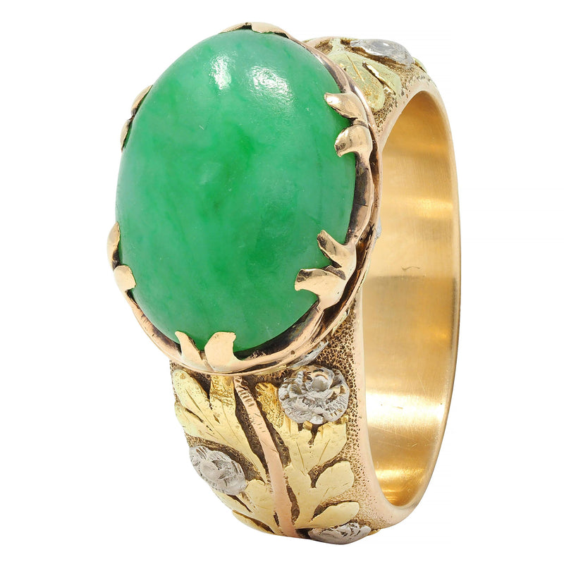 Arts & Crafts Jade Platinum 18 Karat Tri-Colored Gold Rose Antique Ring