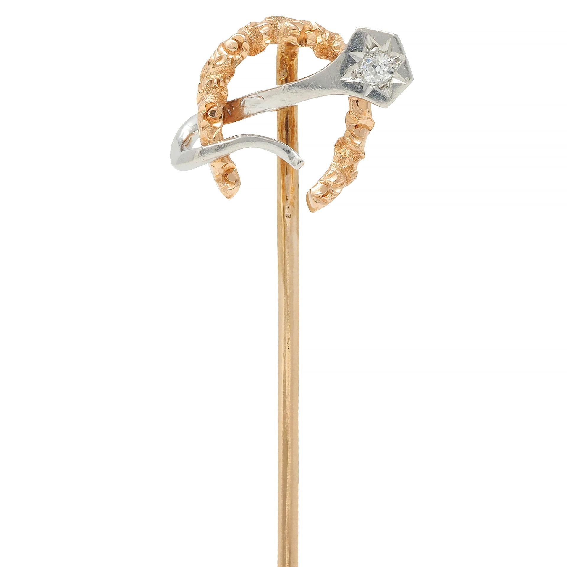 Edwardian Diamond Platinum 18 Karat Gold Antique Horseshoe Stake Stickpin