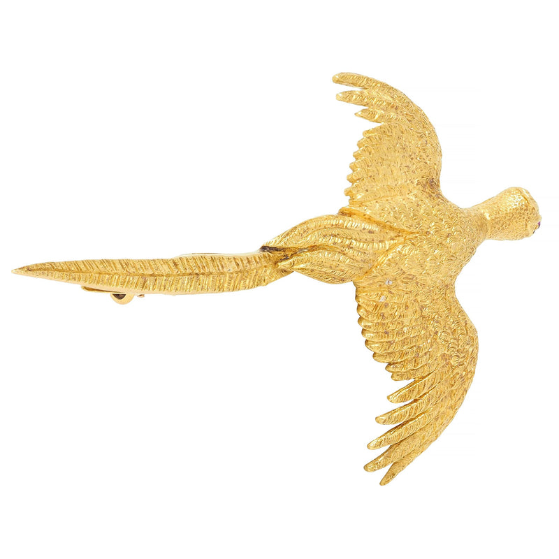 Hermés Paris 1970's Ruby 18 Karat Yellow Gold Vintage Pheasant Bird Brooch