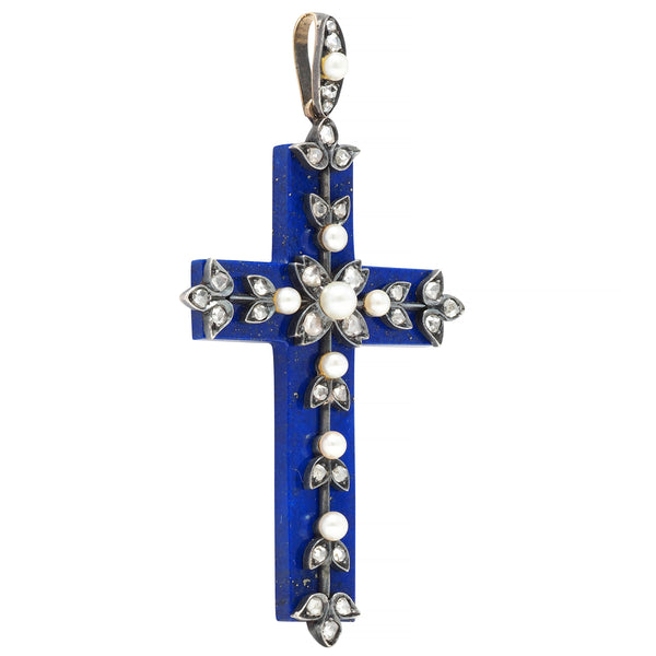 Victorian Lapis Lazuli Pearl Diamond 14 Karat Gold Silver Antique Cross Pendant