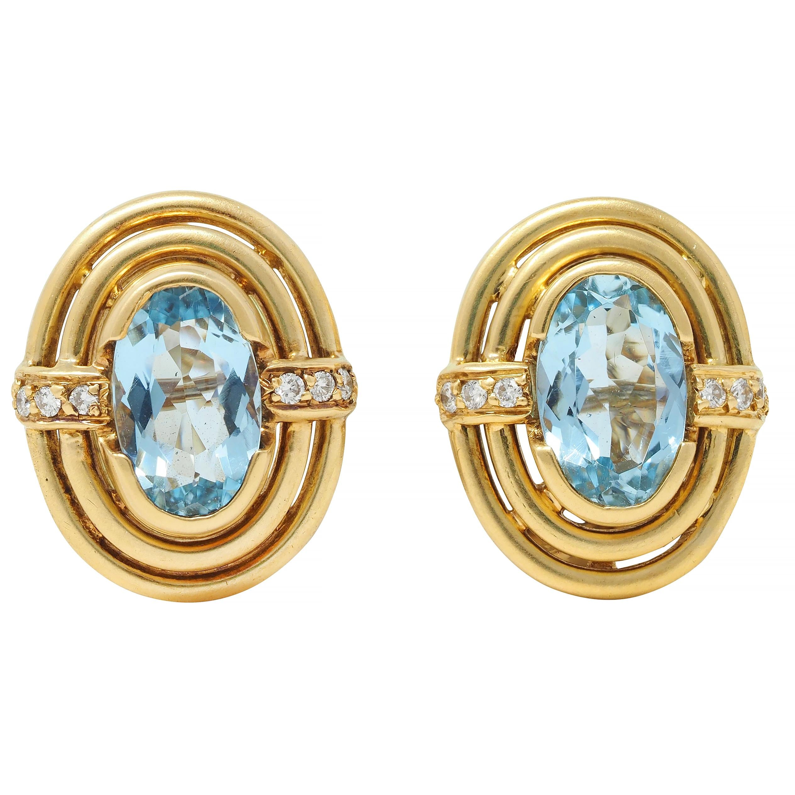 1960's 2.28 CTW Aquamarine Diamond 18 Karat Yellow Gold Vintage Earrings