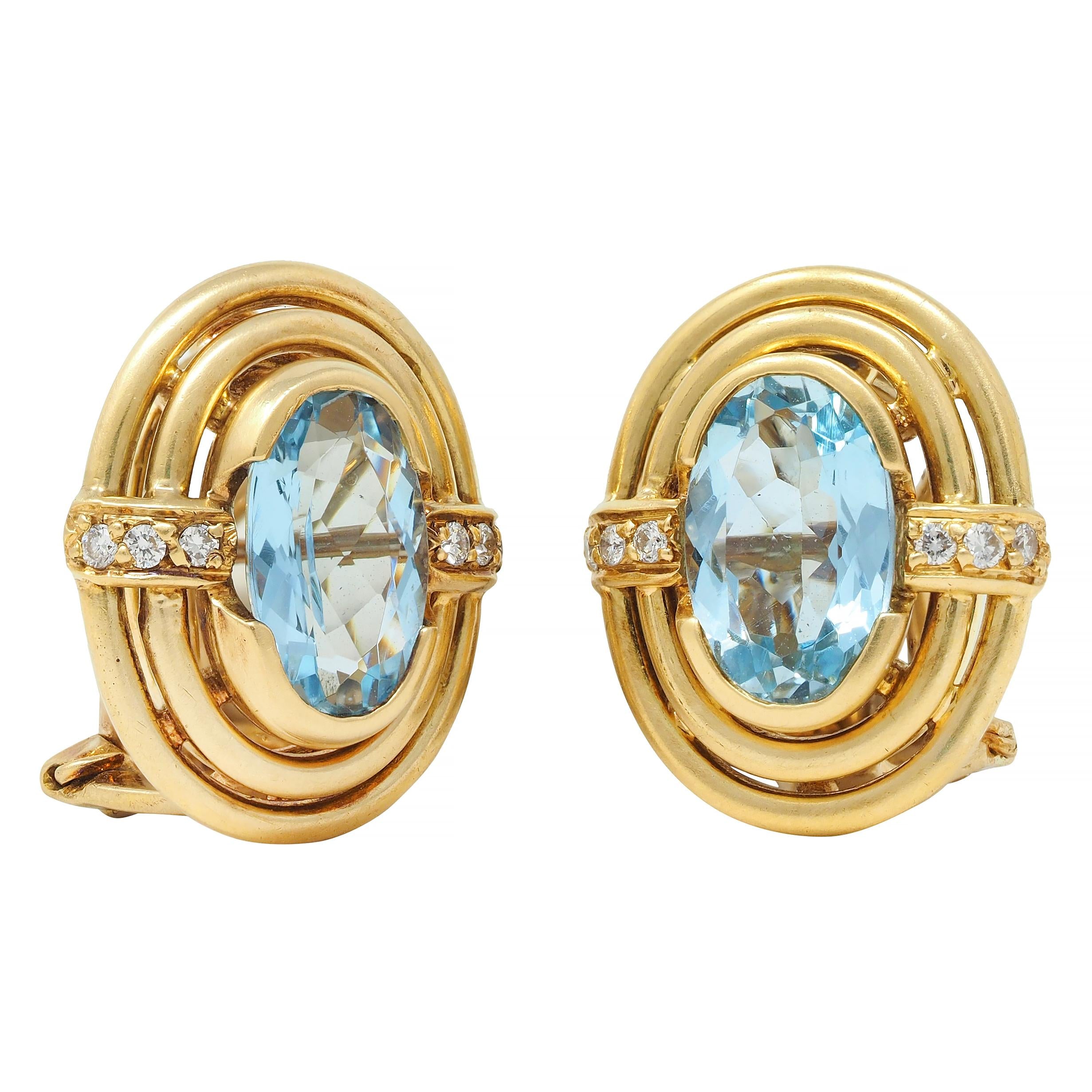 1960's 2.28 CTW Aquamarine Diamond 18 Karat Yellow Gold Vintage Earrings