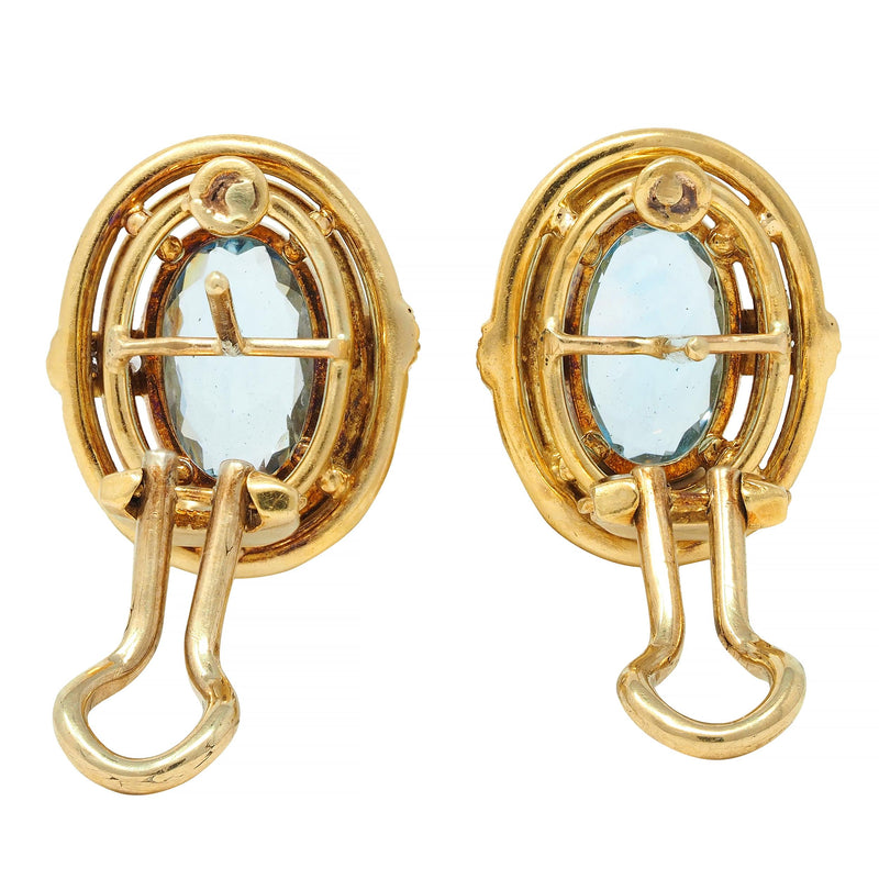 1960's 2.28 CTW Aquamarine Diamond 18 Karat Yellow Gold Vintage Earrings