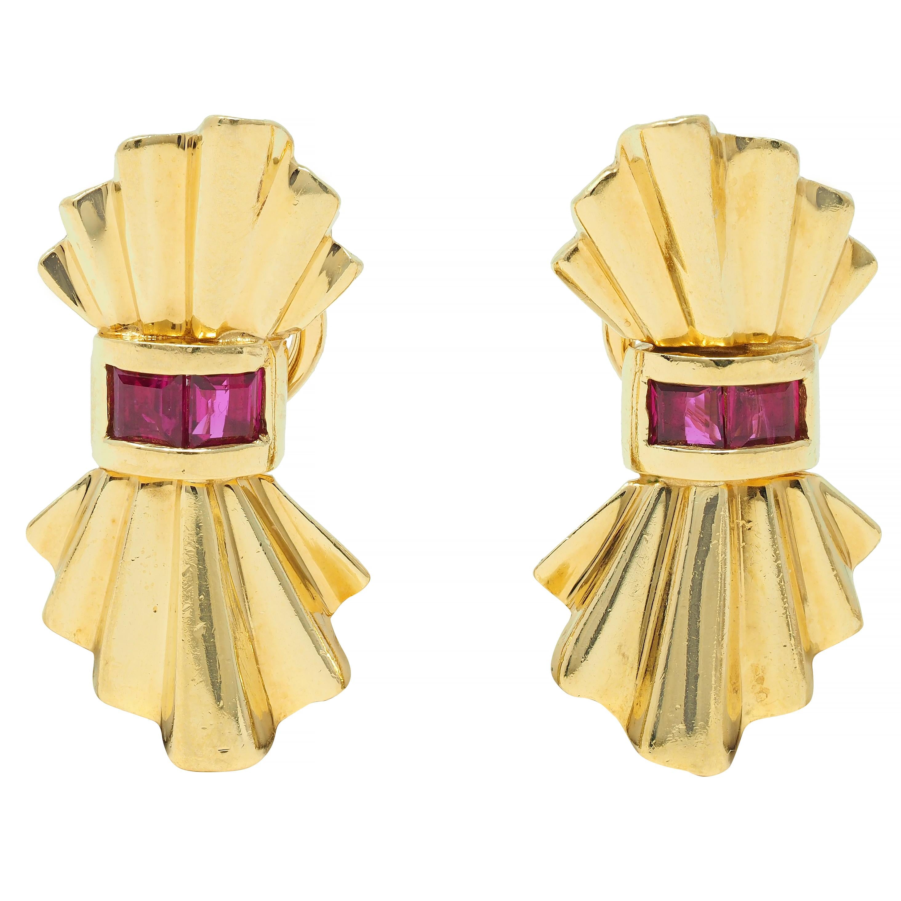Tiffany & Co. Mid-Century Ruby 18 Karat Yellow Gold Fanning Vintage Earrings