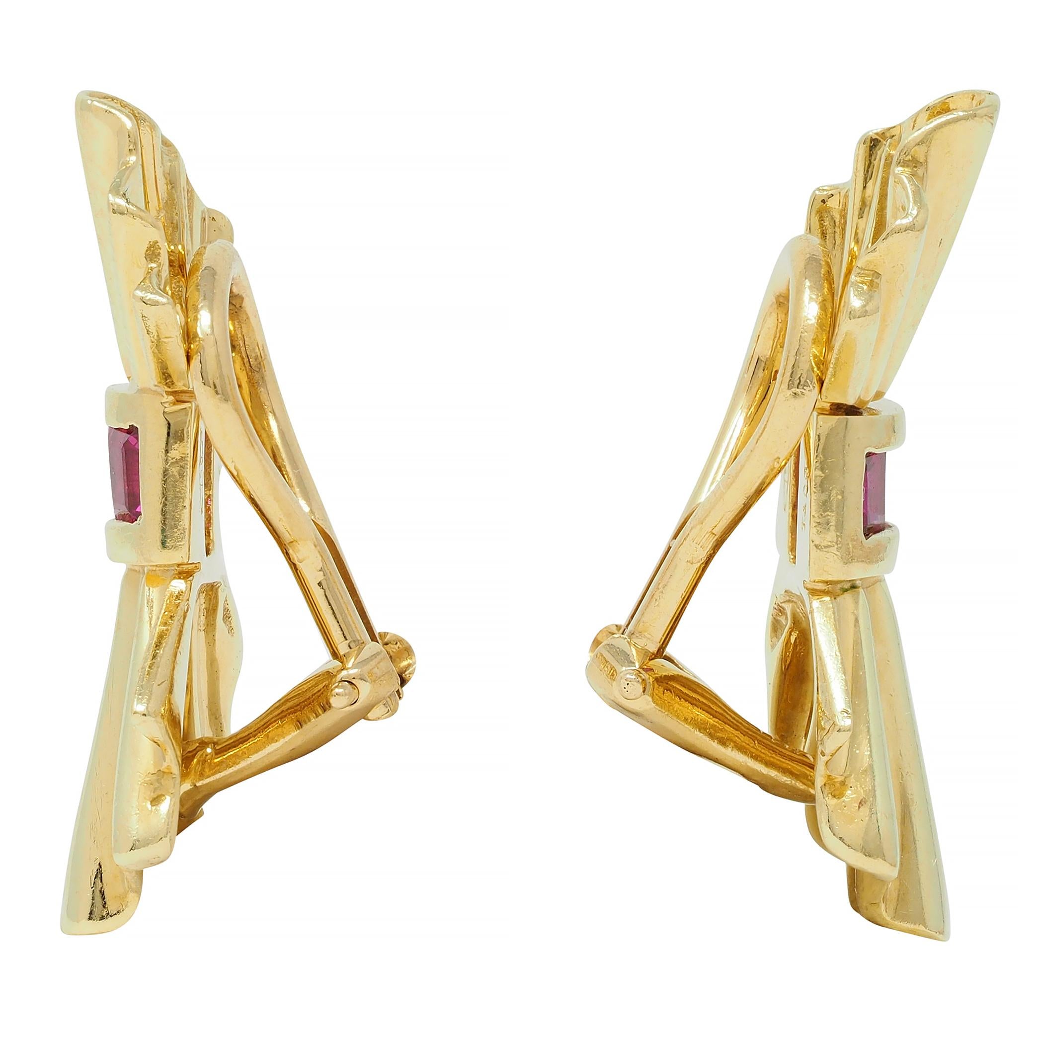 Tiffany & Co. Mid-Century Ruby 18 Karat Yellow Gold Fanning Vintage Earrings