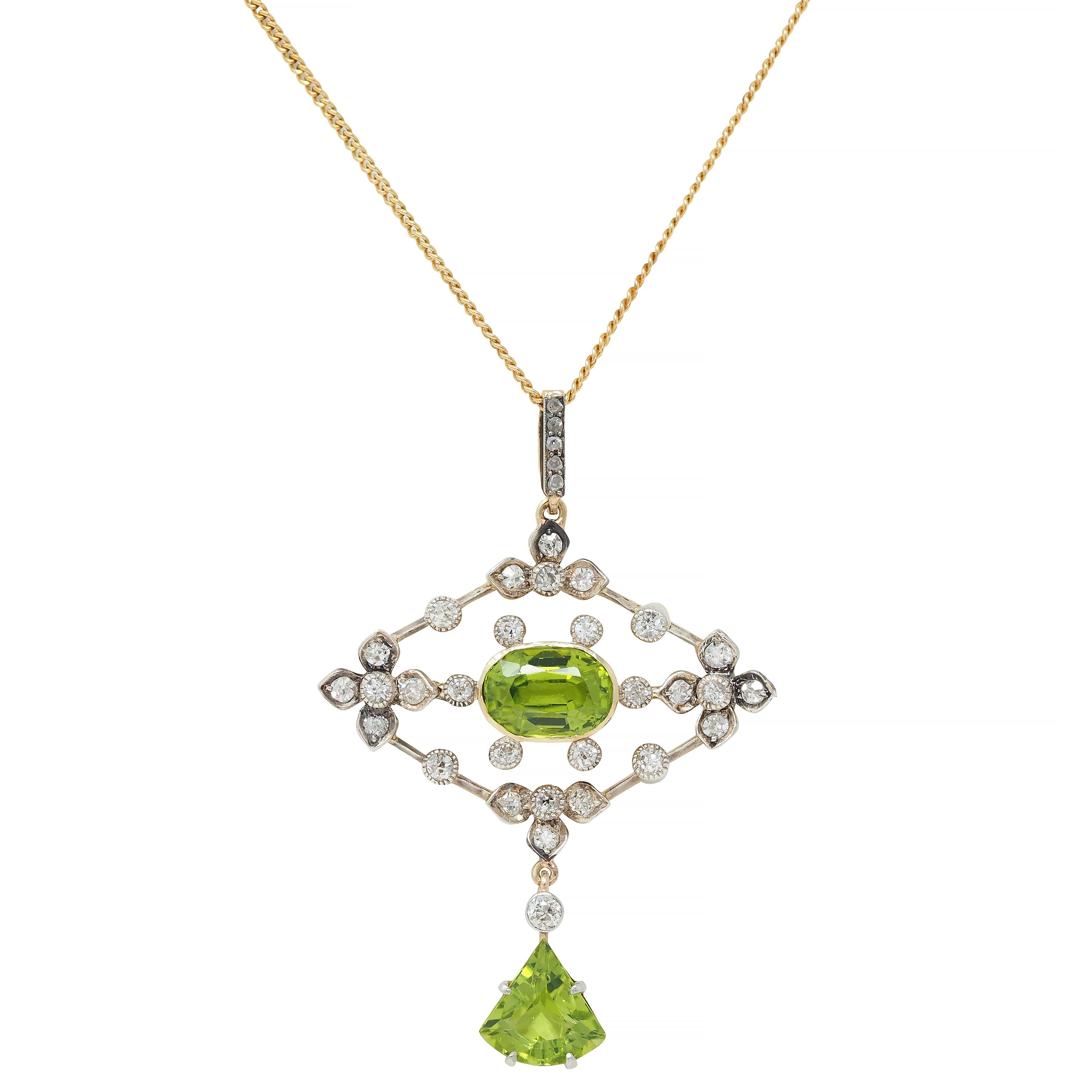 Edwardian Peridot Diamond 18 Karat Gold Silver Floral Drop Pendant Necklace