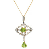 Edwardian Peridot Diamond 18 Karat Gold Silver Floral Drop Pendant Necklace