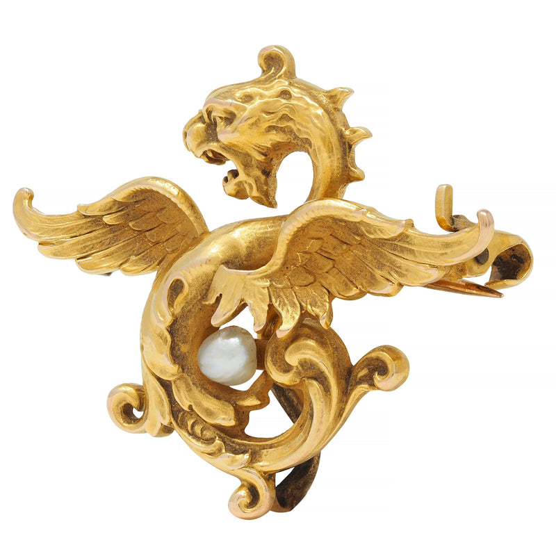 Art Nouveau Pearl 14 Karat Yellow Gold Antique Dragon Brooch