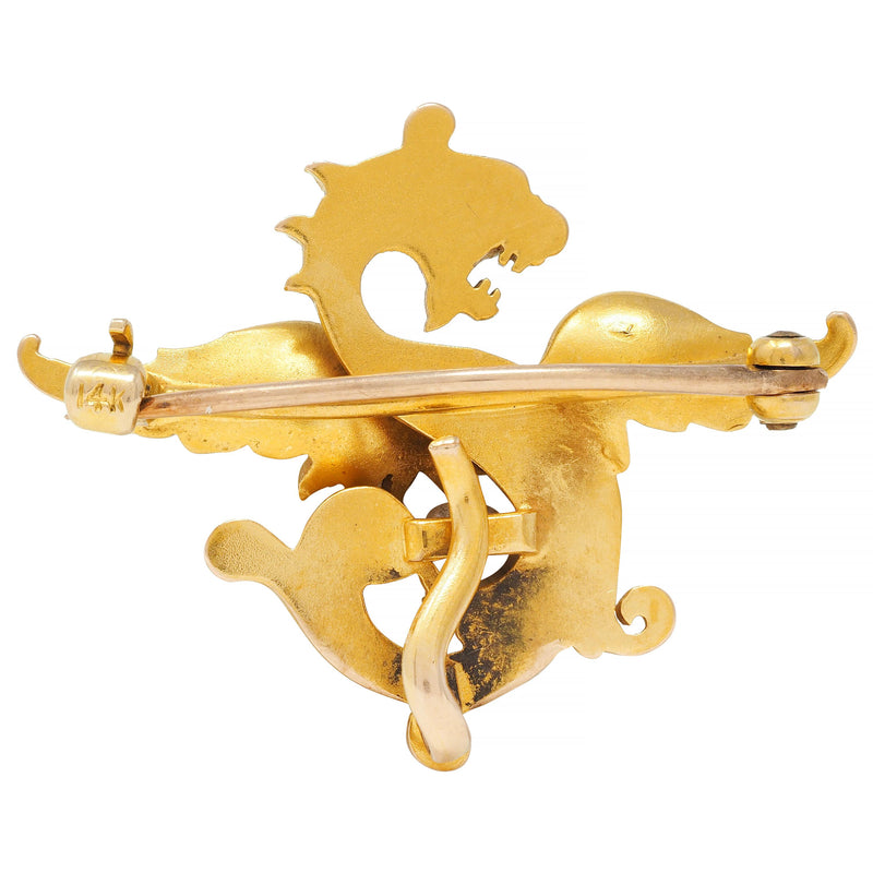 Art Nouveau Pearl 14 Karat Yellow Gold Antique Dragon Brooch