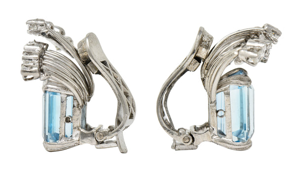 Mid-Century 5.26 CTW Aquamarine Diamond Platinum Vintage Ear-Clip Earrings Wilson's Estate Jewelry