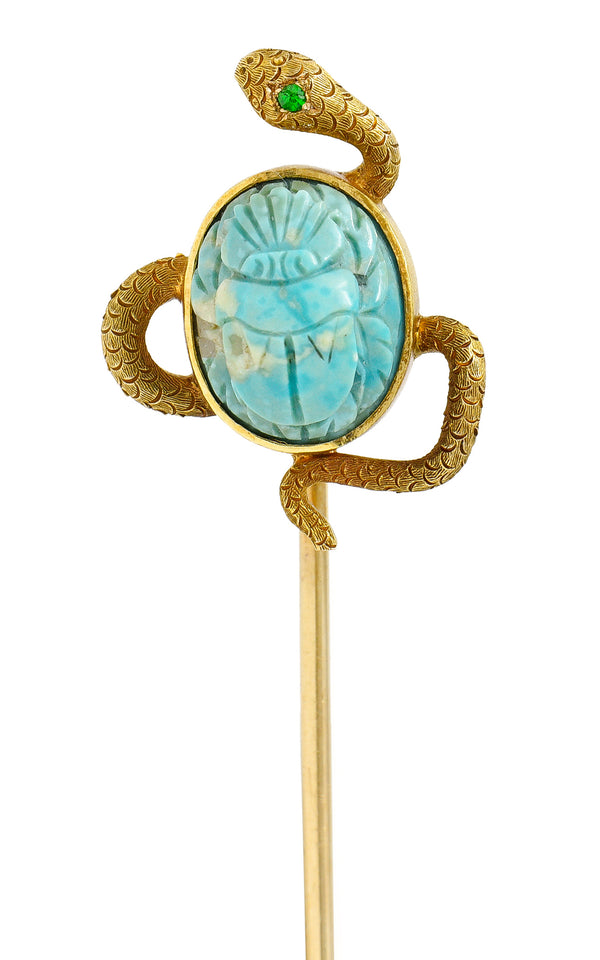 Victorian Turquoise Emerald 14 Karat Yellow Gold Scarab Snake Antique Unisex Stickpin Wilson's Estate Jewelry