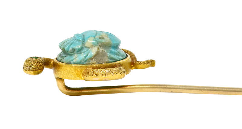 Victorian Turquoise Emerald 14 Karat Yellow Gold Scarab Snake Antique Unisex Stickpin Wilson's Estate Jewelry