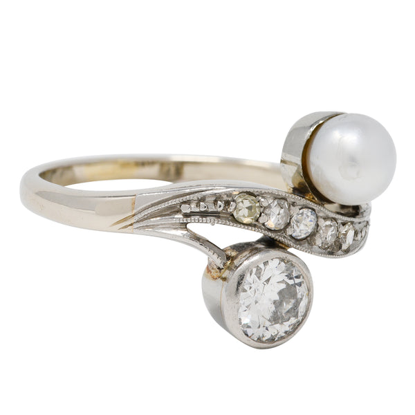 Retro Pearl Diamond 14 Karat White Gold Toi Et Moi Ring Wilson's Estate Jewelry