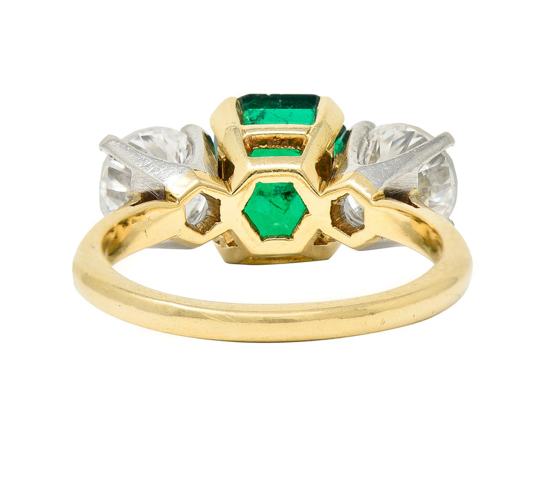 1980's 3.27 CTW Colombian Emerald Diamond Platinum 14 Karat Yellow Gold Vintage Three Stone Ring GIA Wilson's Estate Jewelry