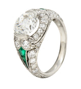 Art Deco 2.74 CTW Old European Cut Diamond Emerald Platinum Vintage Engagement Ring Wilson's Estate Jewelry