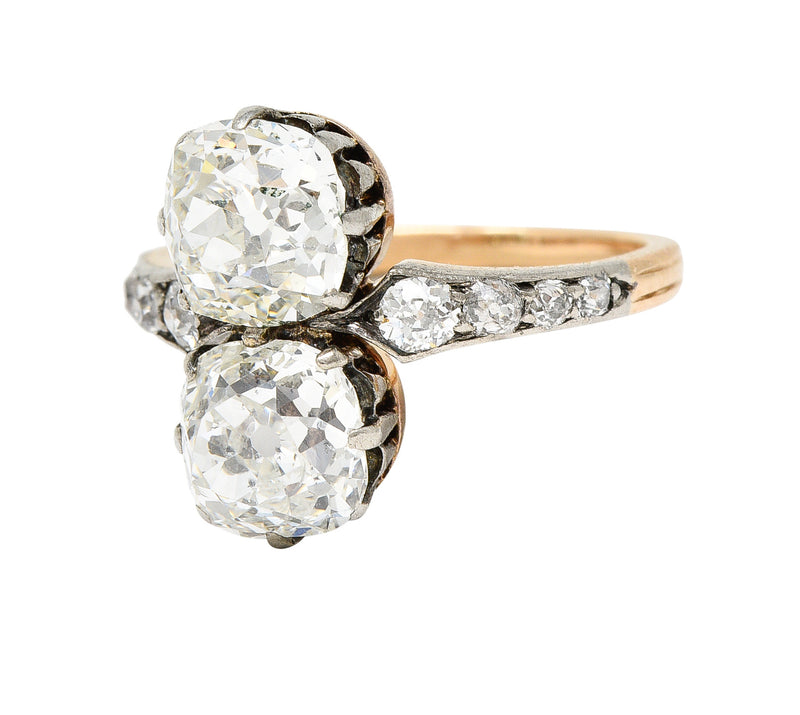 French Edwardian 2.74 CTW Old Mine Cut Diamond Toi-Et-Moi Silver-Topped 14 Karat Yellow Gold Antique Ring Wilson's Estate Jewelry