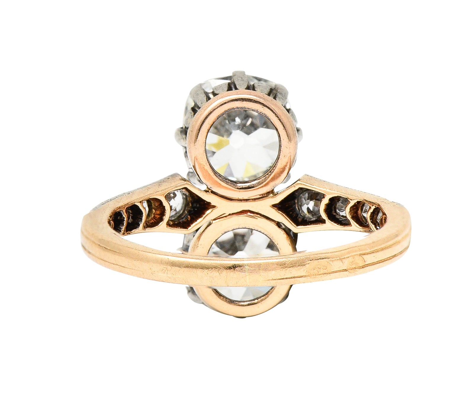 French Edwardian 2.74 CTW Old Mine Cut Diamond Toi-Et-Moi Silver-Topped 14 Karat Yellow Gold Antique Ring Wilson's Estate Jewelry