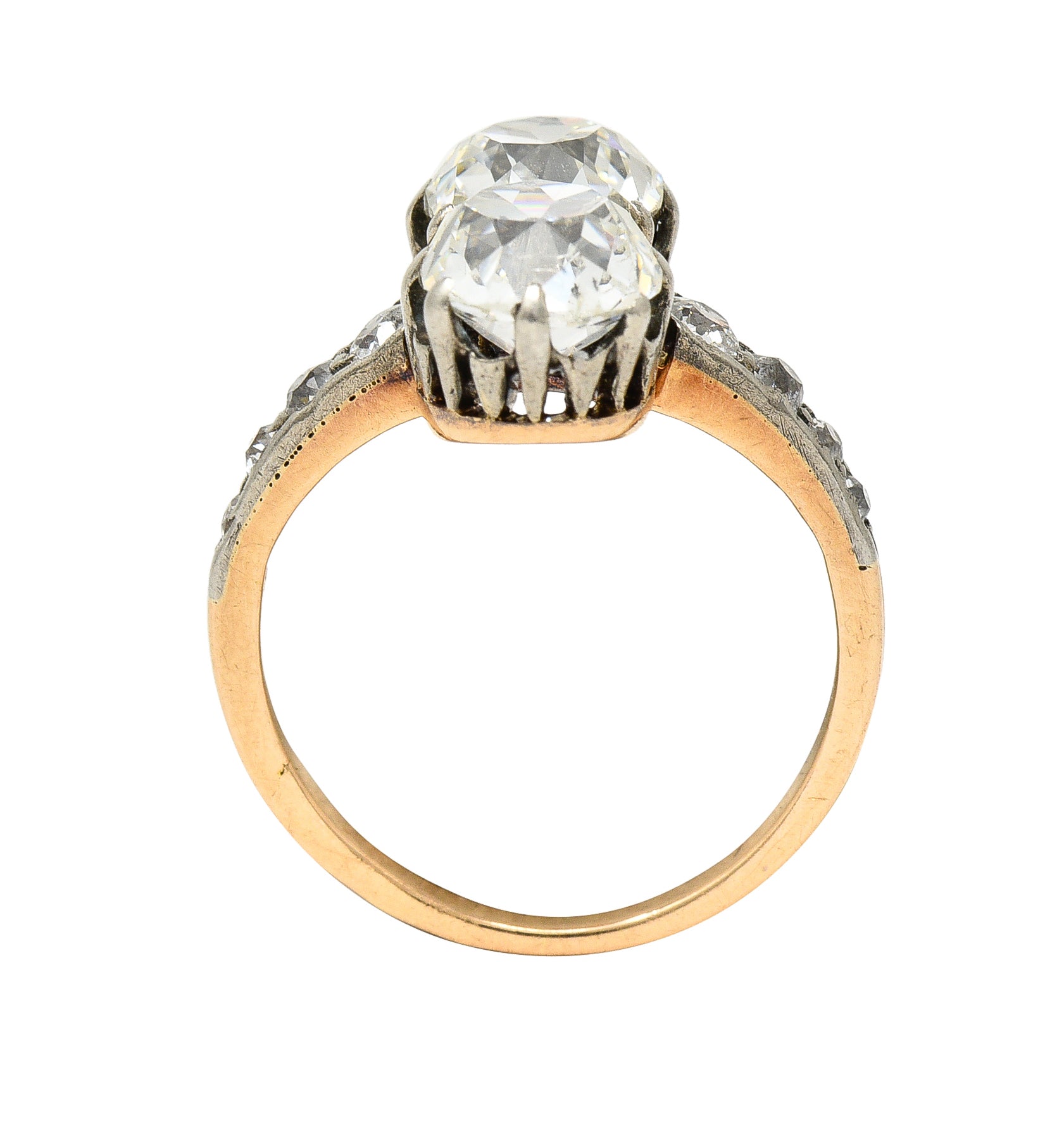 French Edwardian 2.74 CTW Old Mine Cut Diamond Toi-Et-Moi Silver-Topped 14 Karat Yellow Gold Antique Ring Wilson's Estate Jewelry