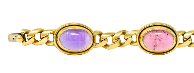 Bulgari 1980's Amethyst Tourmaline Cabochon 18 Karat Yellow Gold Curb Link Vintage Unisex Bracelet Wilson's Estate Jewelry