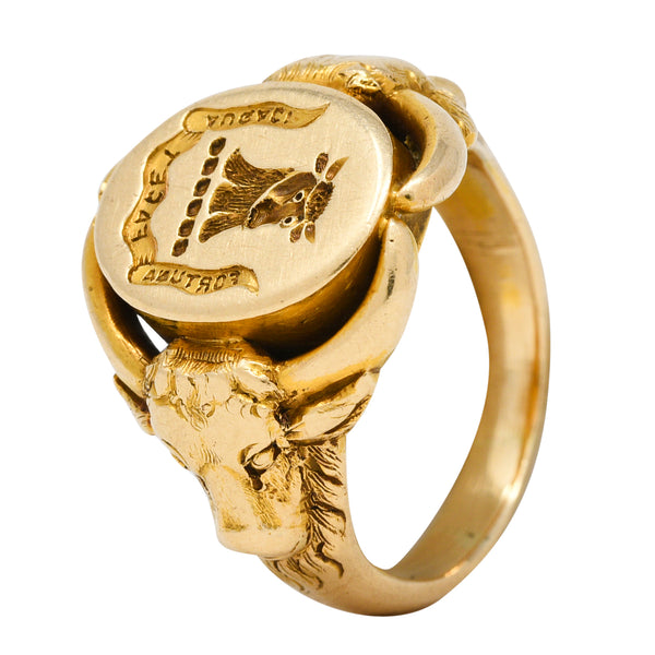 Victorian 14 Karat Yellow Gold Fortune Favors The Brave Bull Antique Intaglio Signet Ring Wilson's Estate Jewelry