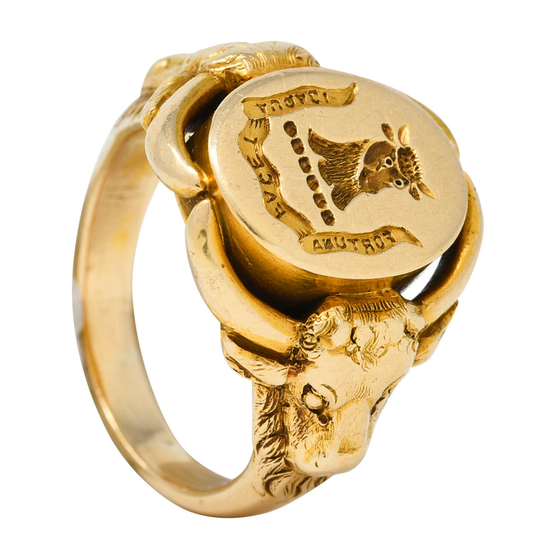 Victorian 14 Karat Yellow Gold Fortune Favors The Brave Bull Antique Intaglio Signet Ring Wilson's Estate Jewelry