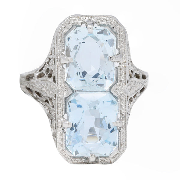 Art Deco Aquamarine 14 Karat White Gold Two-Stone Orange Blossom Vintage Ring Wilson's Estate Jewelry