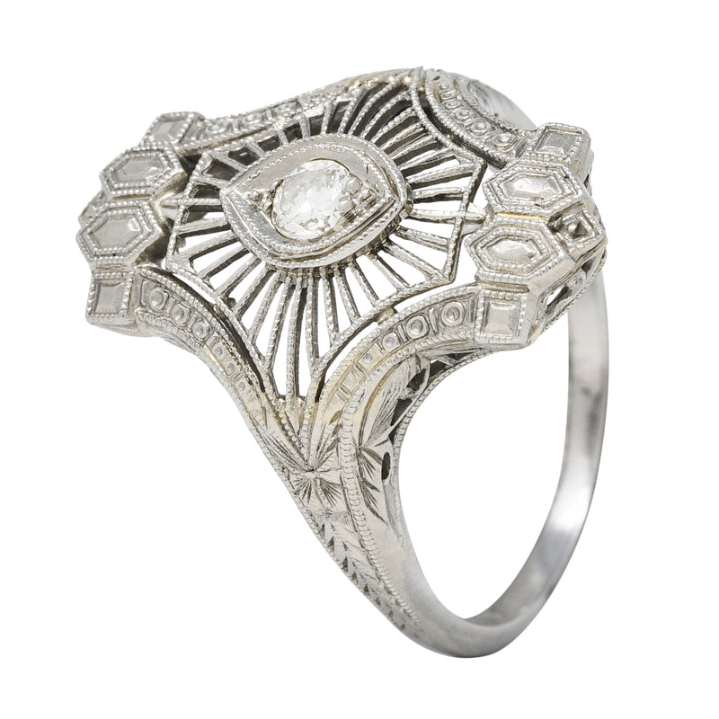 Art Deco Old European Cut Diamond 18 Karat White Gold Wheat Vintage Dinner Ring Wilson's Estate Jewelry