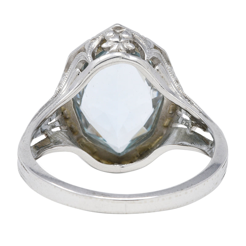 Jones & Woodland Co. Art Deco Hexagonal Cut Aquamarine 14 Karat White Gold Lily Gemstone Ring Wilson's Estate Jewelry