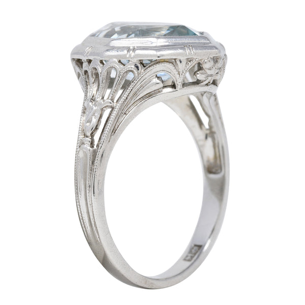 Jones & Woodland Co. Art Deco Hexagonal Cut Aquamarine 14 Karat White Gold Lily Gemstone Ring Wilson's Estate Jewelry