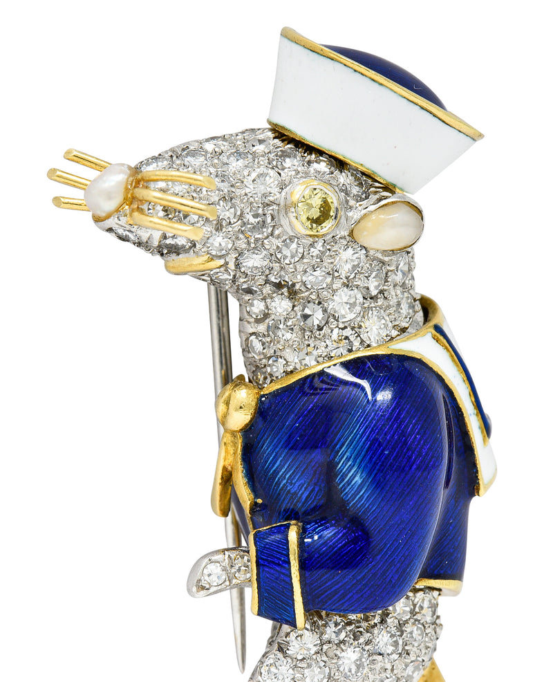 Donald Claflin Tiffany & Co. Yellow Diamond Enamel Pearl Platinum 18 Karat Yellow Gold Vintage Sailor Mouse Brooch Wilson's Estate Jewelry