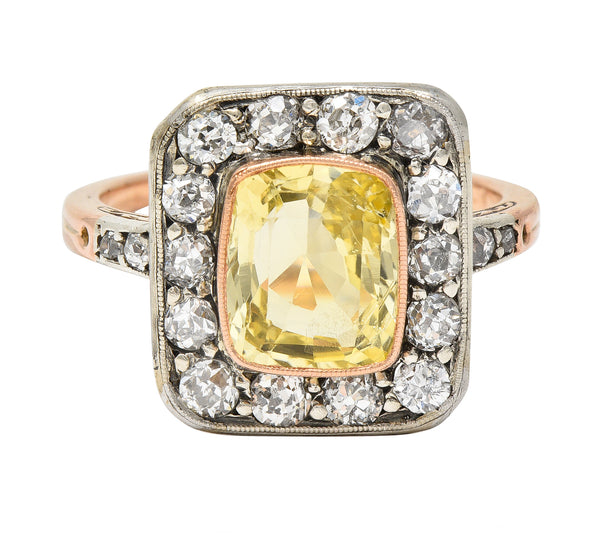 Edwardian 3.84 CTW Yellow Sapphire Diamond Platinum 18 Karat Rose Gold Antique Halo Ring GIA Wilson's Estate Jewelry