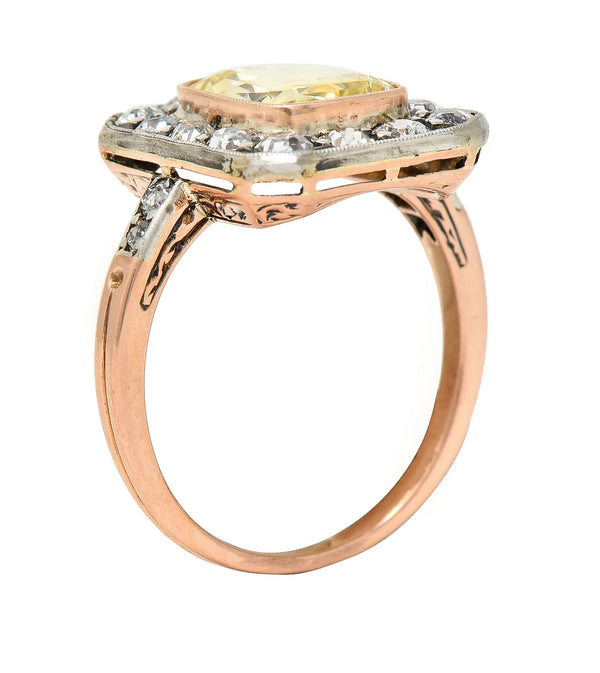 Edwardian 3.84 CTW Yellow Sapphire Diamond Platinum 18 Karat Rose Gold Antique Halo Ring GIA Wilson's Estate Jewelry