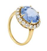 Jabel Mid-Century 6.99 CTW No Heat Ceylon Sapphire Diamond 14 Karat Yellow Gold Vintage Halo Ring GIA Wilson's Estate Jewelry
