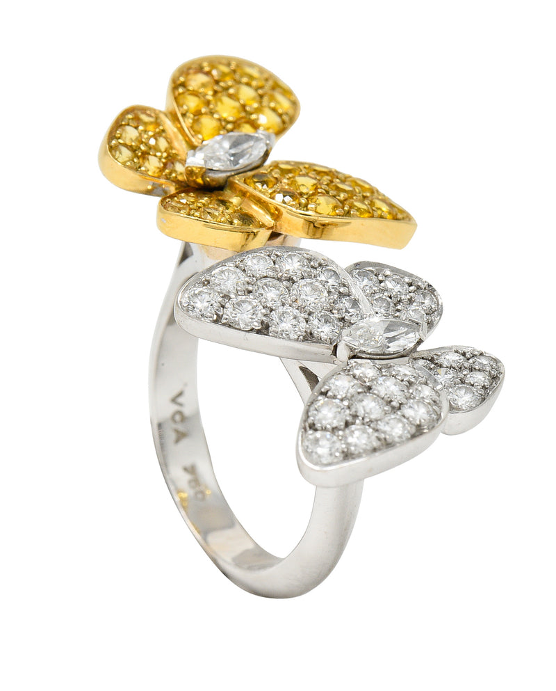 Van Cleef & Arpels Yellow Sapphire Diamond 18 Karat Gold Two Butterfly Between Finger Ring Wilson's Estate Jewelry