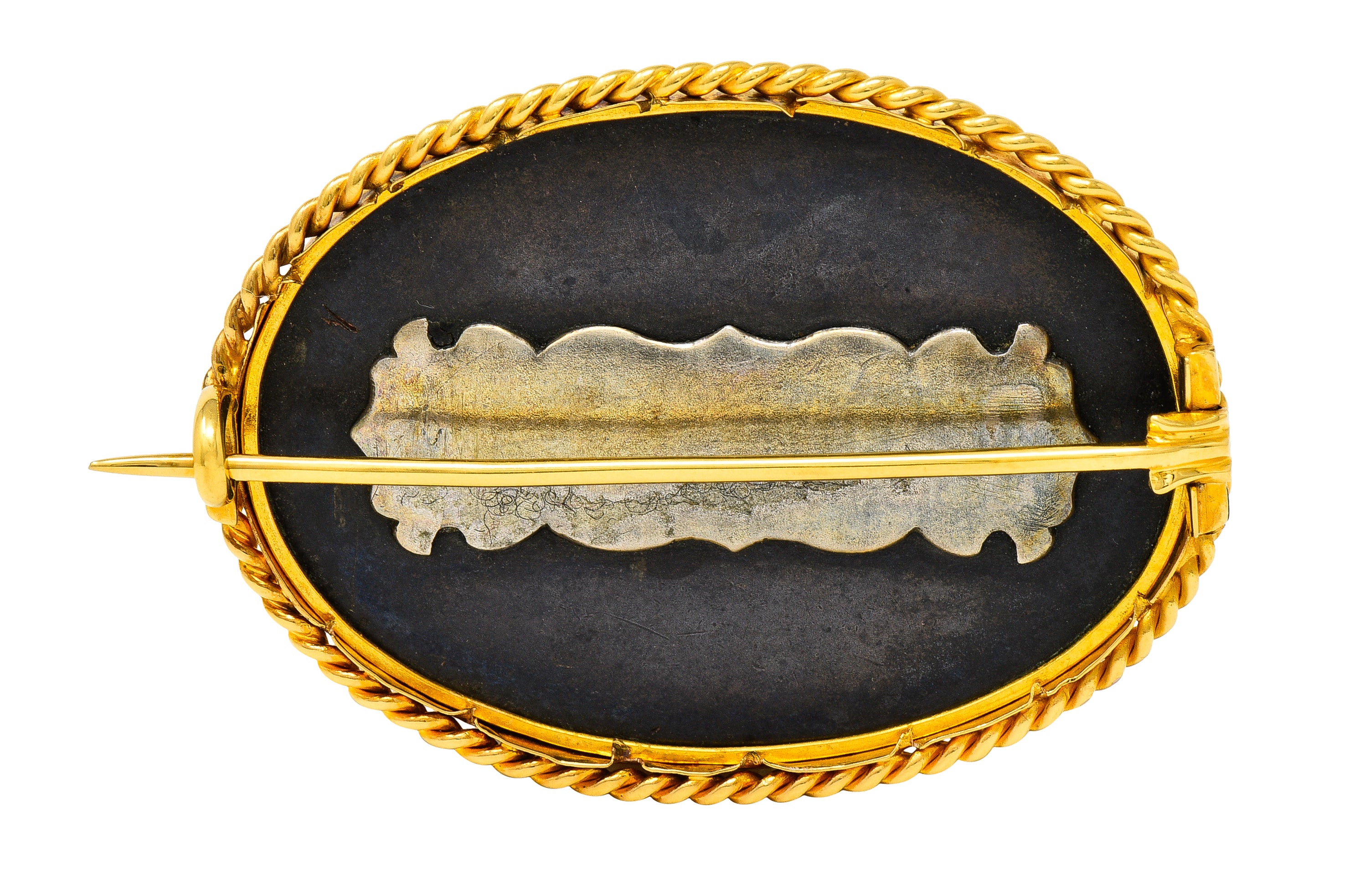 Victorian Japanese 18 Karat Yellow Gold Shibuichi Copper Silver Shakudo Antique Brooch Wilson's Estate Jewelry