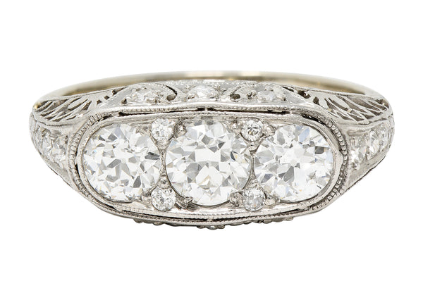 Art Deco 1.38 CTW Diamond Platinum Three Stone Foliate Vintage Ring