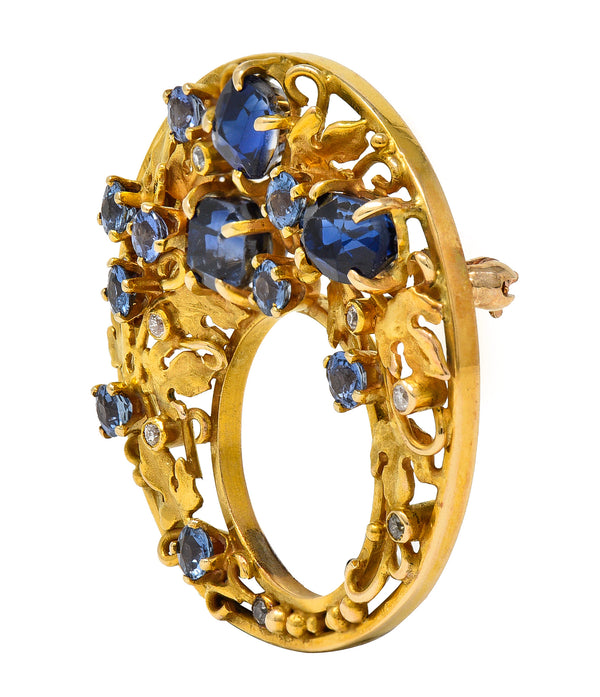 Arts & Crafts Sapphire Diamond 18 Karat Yellow Gold Ivy Antique Circle Brooch