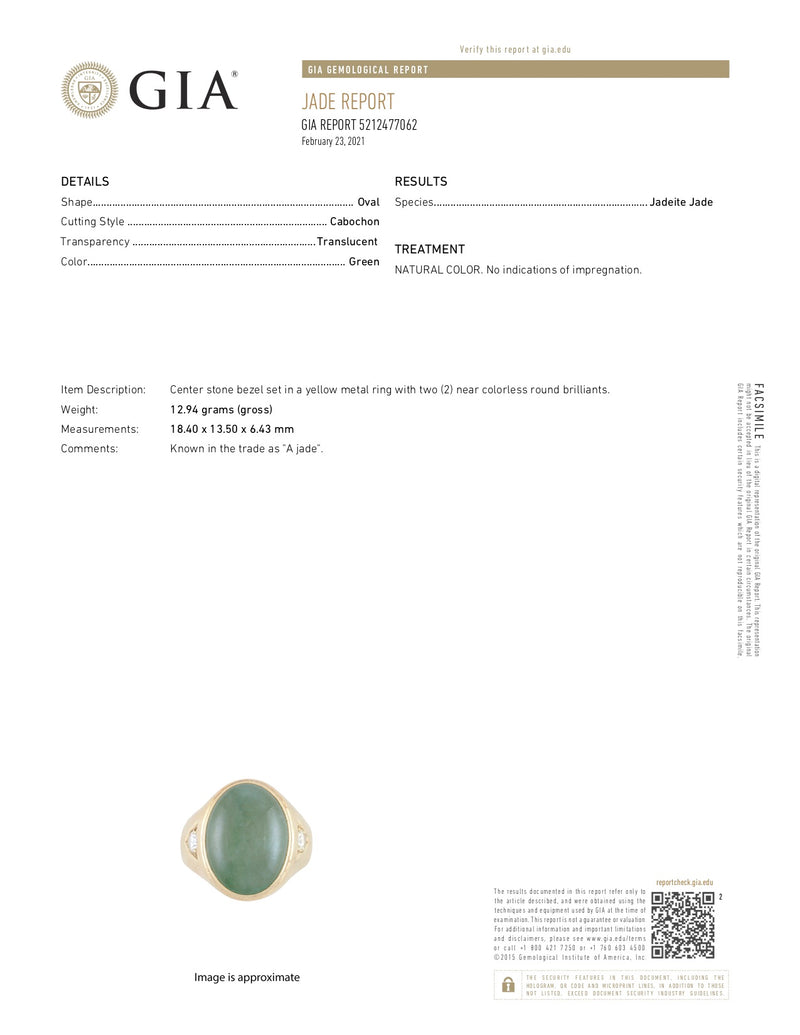 Retro Jadeite Jade Diamond 14 Karat Gold Unisex Cabochon Ring GIARing - Wilson's Estate Jewelry